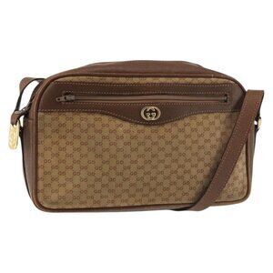 Authentic GUCCI Micro GG Canvas Shoulder Bag Suede Beige Gold